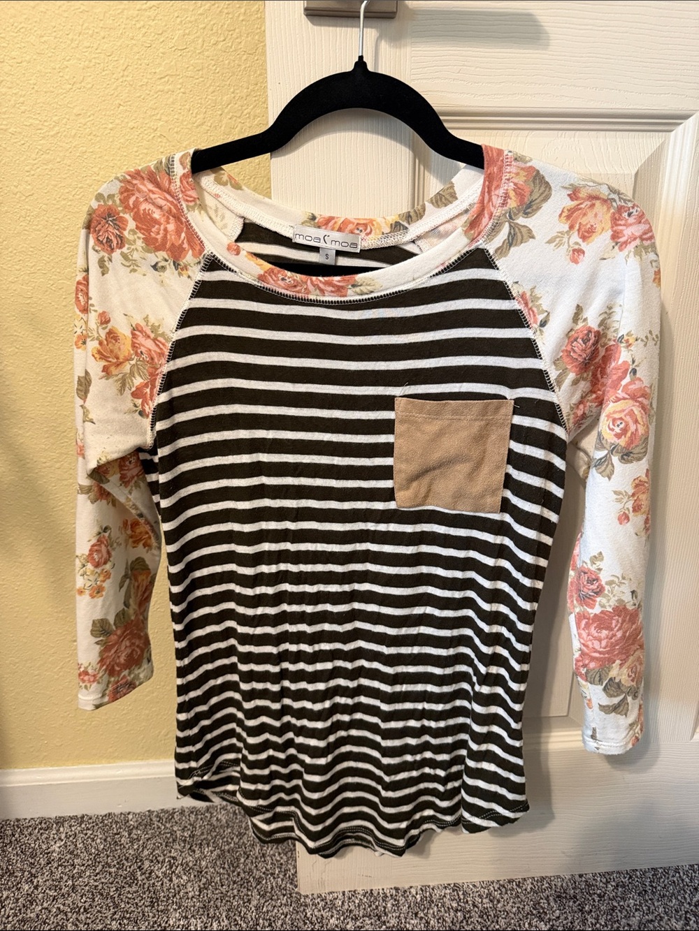 Floral Raglan Stripe Pocket Tee - Pink Floral Sleeves